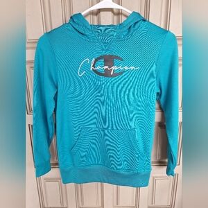 Kids Champion Hoodie Sz7/8 Long Sleeves Aqua Polyester/Spandex Cold Water Wash